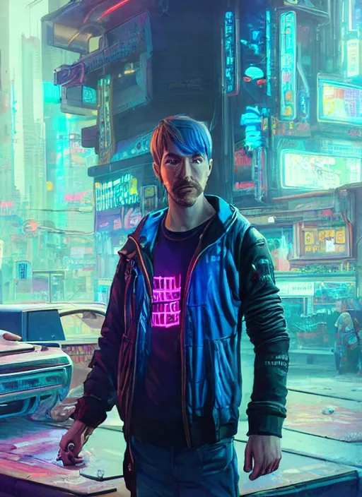 Image similar to !dream portrait of DanTDM as a homeless character in Cyberpunk 2077, looking at camera, intricate, dystopian, sci-fi, extremely detailed, digital painting, artstation, concept art, smooth, sharp focus, illustration, intimidating lighting, incredible art by artgerm and greg rutkowski and alphonse mucha and simon stalenhag