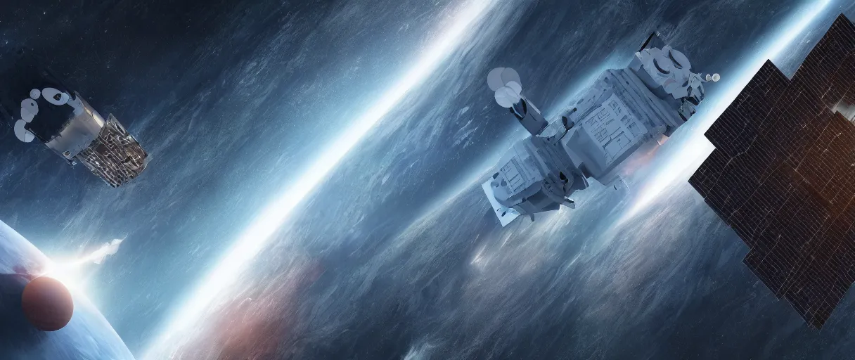 Image similar to illustration, a single small spaceship, nasa, deep space exploration, alone, the expanse tv series, industrial design, battlestar galactica tv series (2004), cinematic lighting, 4k, greebles, widescreen, wide angle, sharp and blocky shapes, extraterrestrial paradise, hyper realistic, hubble photography, beksinski