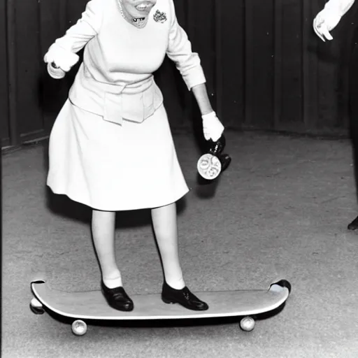 Image similar to queen elizabeth riding a skateboard