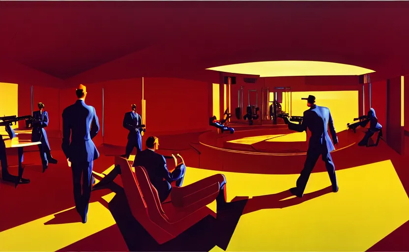 Image similar to syd mead, big room in center pedestal with ak 4 7 and men's in suit's around, soft light, red + yellow colours, golden facture, high quality details, two point perspective, denoise deep depth of field