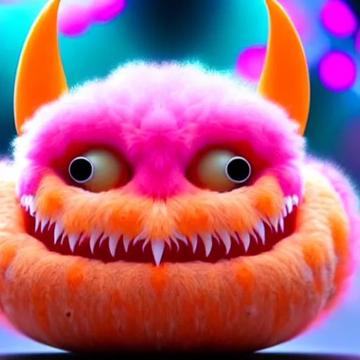 Image similar to an alien with a face that looks like a fuzzy peach the peach is fuzzy pink warm and ripe the alien has horns and a mean smile the alien has chicken feet cruel smile, 4k, highly detailed, high quality, amazing, high particle effects, glowing, majestic, soft lighting, detailed background