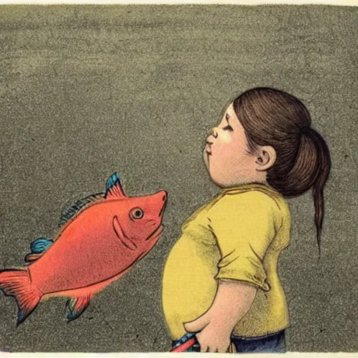 Image similar to the same style. the most beautiful little fat sweet girl is kissing a huge colorful cute fish. modern etching. colored print. hype realistic scene.