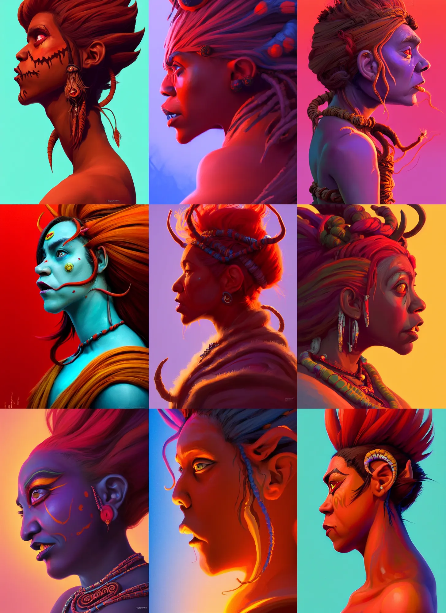 Prompt: side profile centered painted portrait, female troll shaman, crazy eyes, red skin, d & d, gloomhaven, matte painting concept art, art nouveau, beautifully backlit, swirly vibrant color lines, fantastically gaudy, aesthetic octane render, 8 k hd resolution, by ilya kuvshinov and cushart krentz and gilleard james