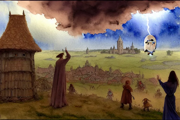 Prompt: a hyperrealist watercolor concept art of a scary ufo in the sky above a small medieval town during a thunderstorm. a dirty medieval peasant child is in the foreground pointg up at the sky. very muted colors, by rebecca guay, michael kaluta, charles vess. high detail, hq, wide shot, 4 k