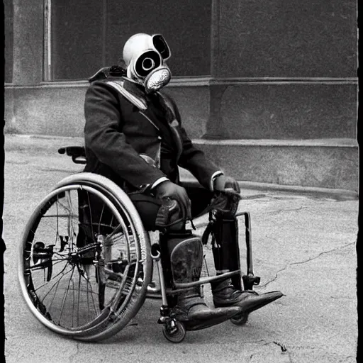 Prompt: gas mask guy in a wheelchair, realistic, old photograph