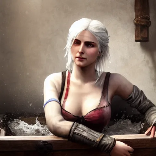 Image similar to painting of Ciri from the Witcher 3 in wooden bath, 8k, uhd