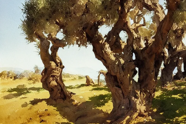 Image similar to watercolor painting of young olive tree in portugal, art by hans gude, art by hans dahl, by jesper ejsing, art by anders zorn, wonderful masterpiece by greg rutkowski, cinematic light, american romanticism by greg manchess, creation by tyler edlin