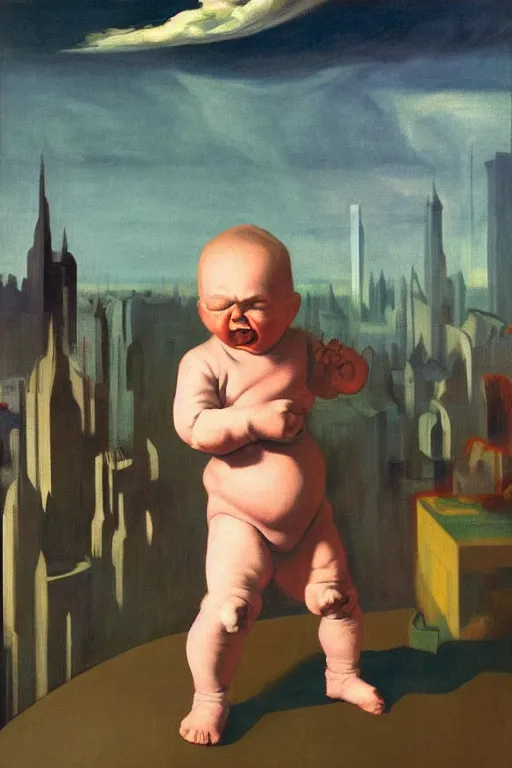 Image similar to evil human giant baby in a diaper, grows up to the sky, destroys the city under his feet, hauntingly surreal, highly detailed painting by francis bacon, edward hopper, adrian ghenie, gerhard richter, and james jean soft light 4 k,