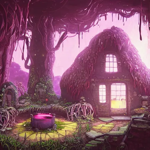 Image similar to concept art painting of a interior of a fungal cozy alien fantasy cottage, with black vines and magenta plants, realistic, detailed, cel shaded, dark, in the style of makoto shinkai and greg rutkowski and james gurney