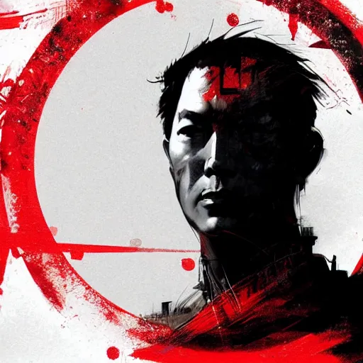 Image similar to artwork by Craig Mullins and Russ Mills and SPARTH showing a samurai in front of a red circle