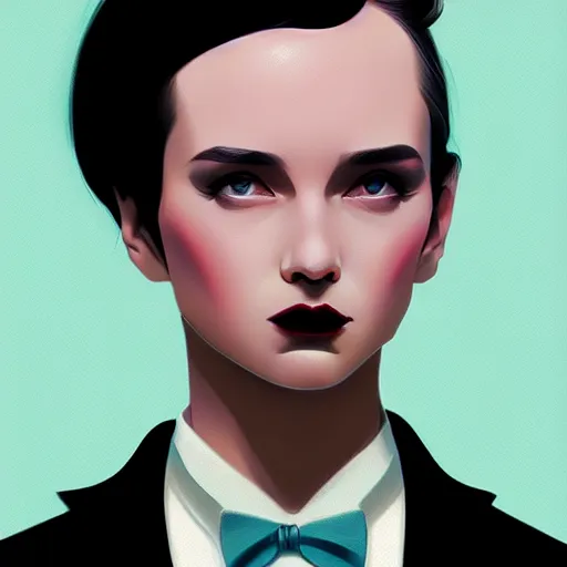 Image similar to young in black tuxedo, scornful, disdainful, muted colors, matte print, pastel colors, 2d, ultra highly detailed, smooth, sharp focus, digital art, digital painting, fan art, elegant, artstation, head is centered, by Ilya Kuvshinov