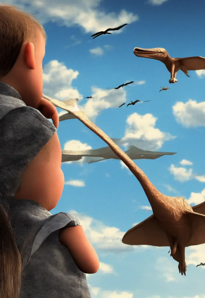 Image similar to a child looking at a pterodactyle flying in the sky in the style of a movie poster, realistic, super detailed, cinematographic, epic lighting