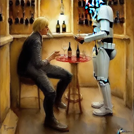 Image similar to stormtrooper and hot blonde drinking wine in a cellar, romantic, cozy, inviting, detailed, beautiful, atmospheric, impressionism, watercolor by vladimir volegov, inspired by ralph mcquarrie