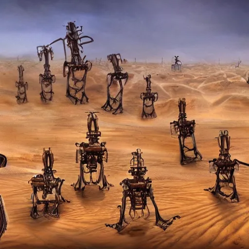 Image similar to painting of a dozen different buried biomechanical robots in the desert, oasis, 4 k. cinematic. epic.