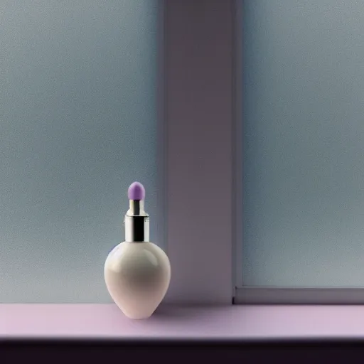 Prompt: perfume bottle on window sill in a pastel room by peter tarka in an ivory room well contoured smooth fair walls, up close shot, sharp focus, octane highly render, 4 k, ultra hd,