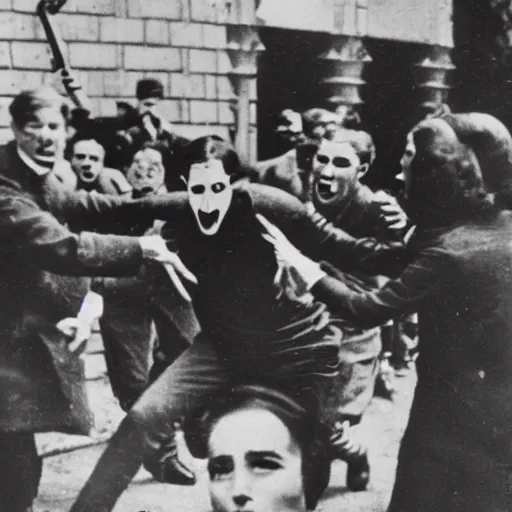 Image similar to a 1 9 3 0 s newspaper photo of a vampire attacking a group of people outside a church