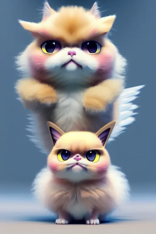 Image similar to high quality 3 d render hyperrealist very cute multipastel fluffy! grumpy griffin cat hybrid with fluffy wings!, vray smooth, in the style of detective pikachu, hannah yata charlie immer, dramatic yellow light, low angle, uhd 8 k, sharp focus