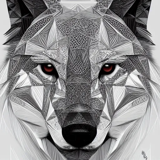 Image similar to Geometric Wolf, intricate, elegant, highly detailed, digital painting, artstation, concept art, smooth, sharp focus, illustration, art by artgerm