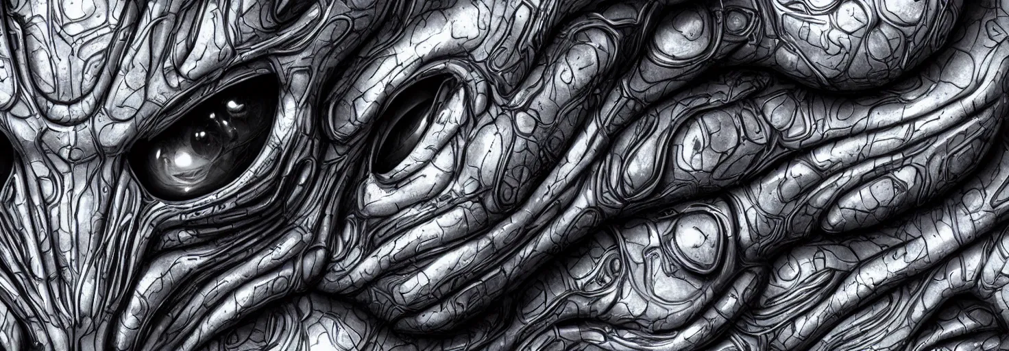 Image similar to engineer alien face by Artgerm, alien, highly detailed, symmetrical long head, smooth marble surfaces, detailed ink illustration, raiden metal gear, cinematic smooth stone, deep aesthetic, concept art, post process, 4k, carved marble texture and silk cloth, latex skin, highly ornate intricate details, moody lighting, hr geiger, hayao miyazaki, by Artgerm