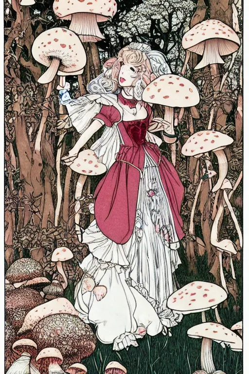 Prompt: princess peach finding a mushroom. masterpiece 4k digital design by Takato Yamamoto, award winning, Artstation, Takato Yamamoto aesthetic, Neo-Gothic, gothic, forest on background, intricate details, realistic, hyperdetailed, 8k resolution