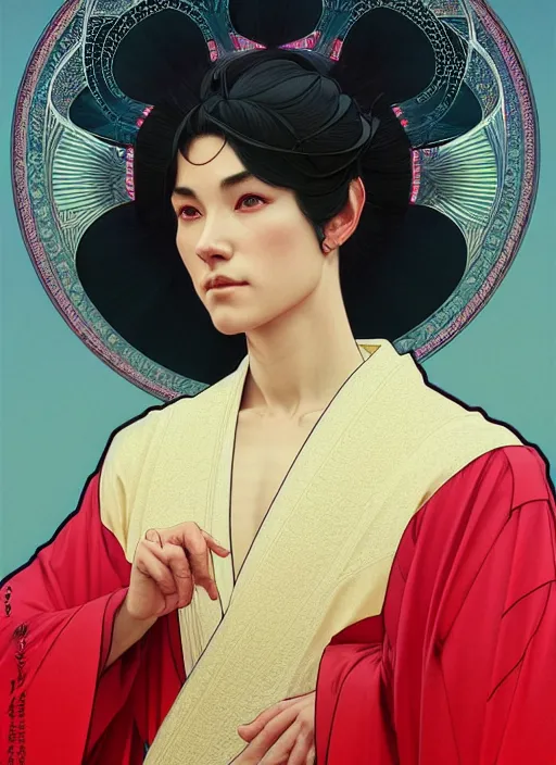 Prompt: symmetry!! portrait of terrence boyd as a saint in a red kimono with an halo, face close - up, intricate, elegant, highly detailed, digital painting, artstation, concept art, smooth, sharp focus, illustration, art by artgerm and greg rutkowski and alphonse mucha