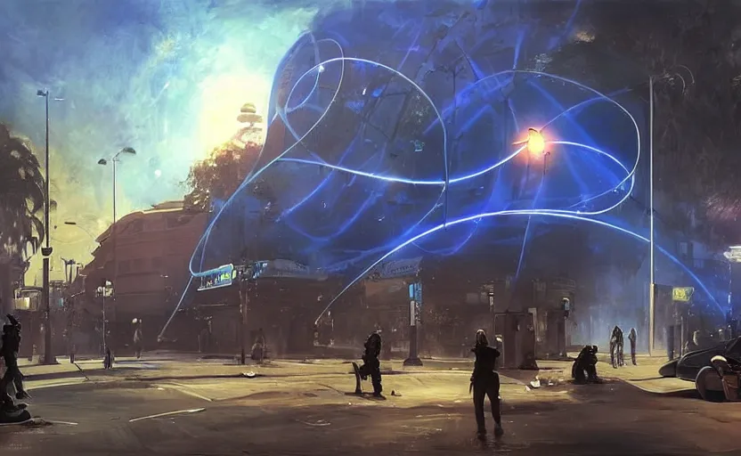 Image similar to people with posters attacking cops, a huge blue spiral - shaped white luminous attractor is floating on the horizon near the sun, stores in los angeles with light screens all over the street, concept art, art for the game, professional lighting, dark night lighting from streetlights, by ilya repin