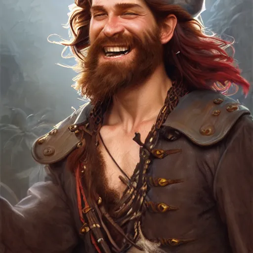 Image similar to portrait of a young ruggedly handsome but joyful pirate, male, masculine, upper body, red hair, long hair, d & d, fantasy, joyful expression, intricate, elegant, highly detailed, digital painting, artstation, concept art, matte, sharp focus, illustration, art by artgerm and greg rutkowski and alphonse mucha