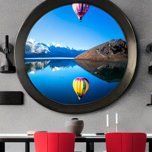 Image similar to photo of two black swans touching heads in a beautiful reflective mountain lake, a colorful hot air balloon is flying above reflecting off water, hot air balloon, intricate, 8k highly professionally detailed, centered, HDR, CGsociety