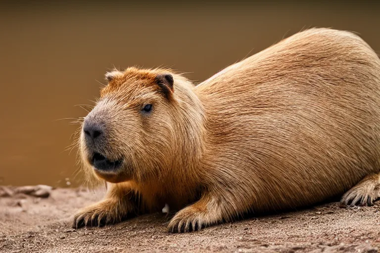 Image similar to a goldendoodle capybara!!! hybrid! hyper realistic!! realistic lighting!! wildlife photographer of the year!!! bold natural colors, national geographic, hd, wide angle, 8 k