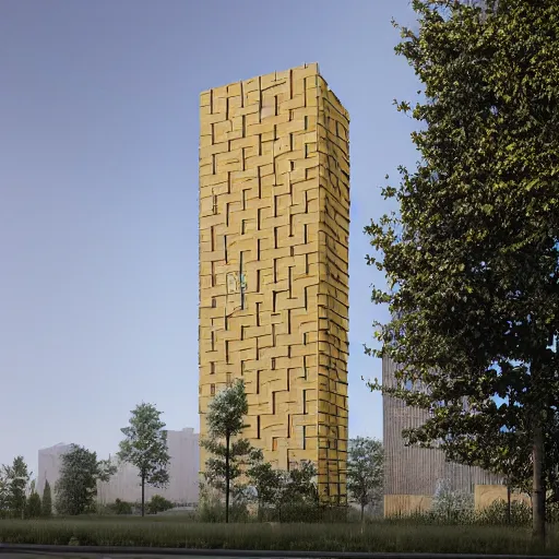 Prompt: 2 0 0 m tall modular truncated stacked tower made of beige stone and gold mesh screens, contemporary design, solid massing, engraving and inscriptions on the facade, vegetated roofs, photorealism, octane render, hyper realistic, 8 k