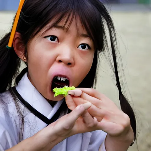 Image similar to National Geographic photo of angry japan school girl with spiders in her mouth