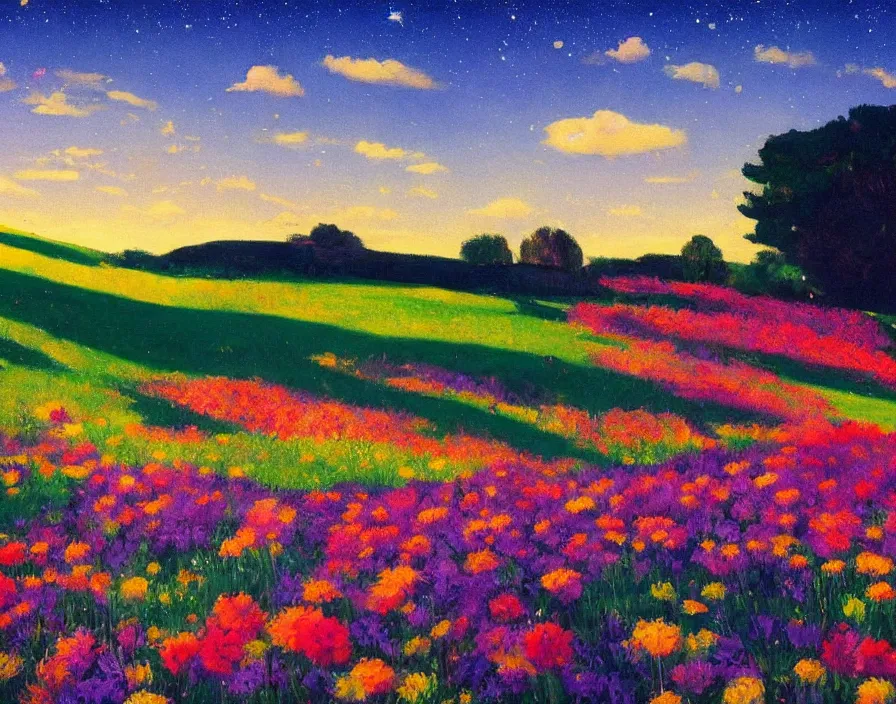 Image similar to a beautiful meadow full of colorful flowers, the sky is the galaxy, very aesthetic, detailed, cinematic lighting, in the style of edward hopper,