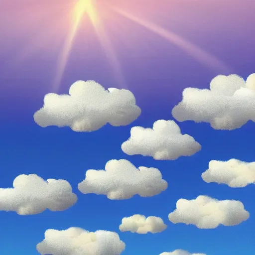 Image similar to bright blu sky. fluffy clouds. angels with big wings wake - up