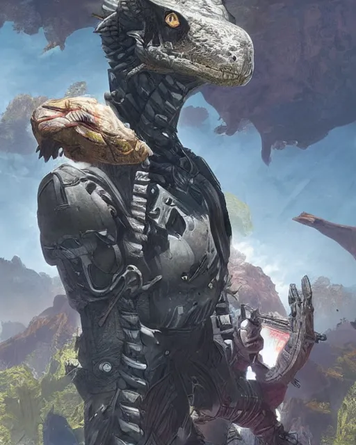 Image similar to trex as an apex legends character digital illustration portrait design by, wayne barlowe detailed, gorgeous lighting, wide angle action dynamic portrait