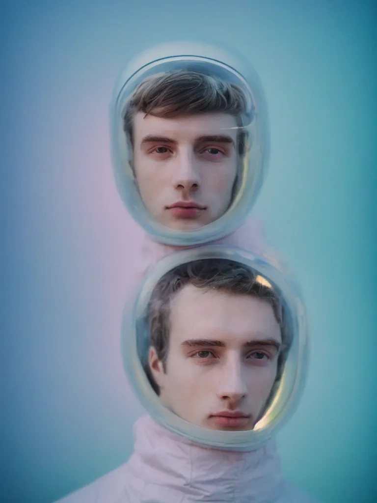 Image similar to high quality pastel coloured film portrait photograph of a beautiful young 2 0 year old male, soft facial features, short hair, perspex space helmet and oversized inflated clothing!! icelandic black rock pool environment. atmospheric three point light. photographic. art directed. ( pastel colours ). volumetric. clearcoat. waves. 8 k. filmic.