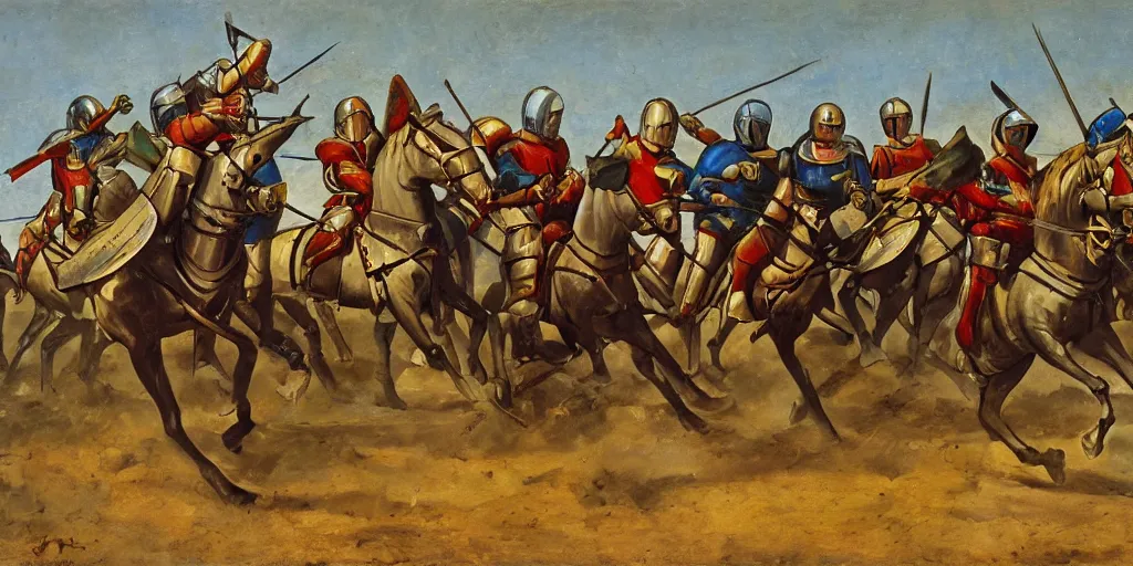 Image similar to medieval knight cavalry charge, italian futurism style