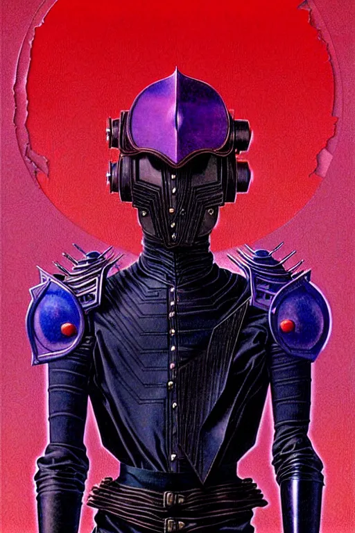 Prompt: portrait of gothic and futuristic young man, warhammer, cyberpunk armor, a lot of scars, thunderstorm, blue head, fire eyes, some red and purple, the middle ages, highly detailed, artstation, in the style of moebius, jugendstil and classic japanese print, art by rene magritte and jean delville