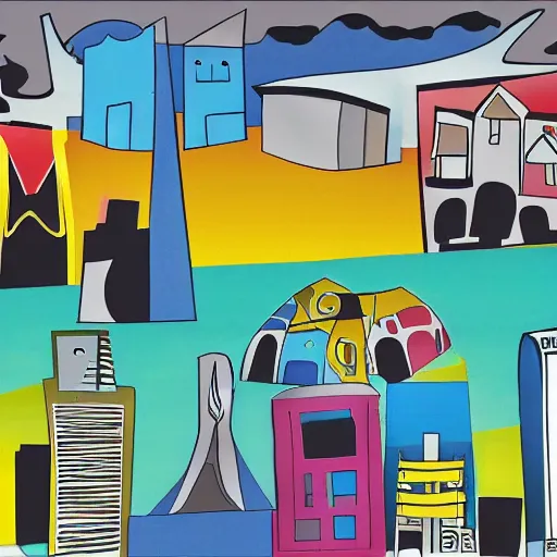 Prompt: City landscape, Dadaism style and cartoony style