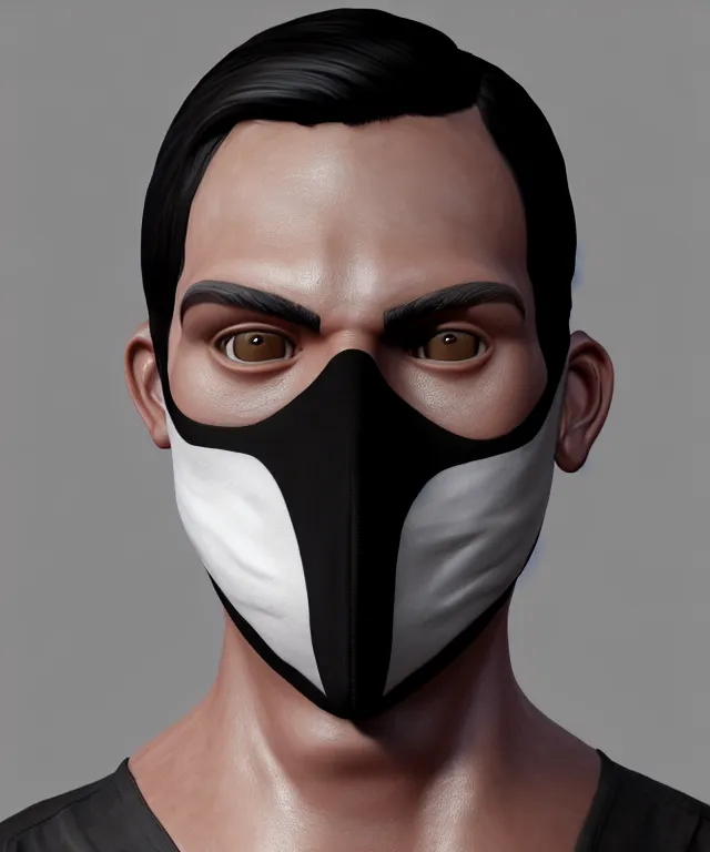 Image similar to white man with black fabric mask, short dark hair, highly detailed face!!!, true anatomy!, extremely detailed!, digital painting, unreal engine 5, art by alberto mielgo