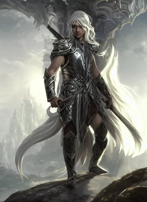 Prompt: male elf warrior with long silver hair, silver armor, shimmery skin, detailed background, moonlit cityscape, cinematic lighting, highly detailed, digital painting, trending on artstation, pixiv, concept art, sharp focus, illustration, art by ross tran, craig mullins and wlop