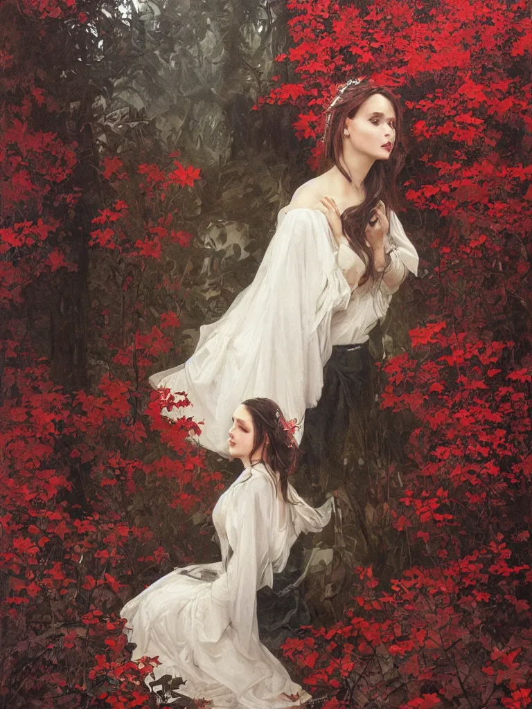 Prompt: detailed oil painting of sad bride in scary black under the god ray, red leaves on the ground, art by artgerm and greg rutkowski and alphonse mucha