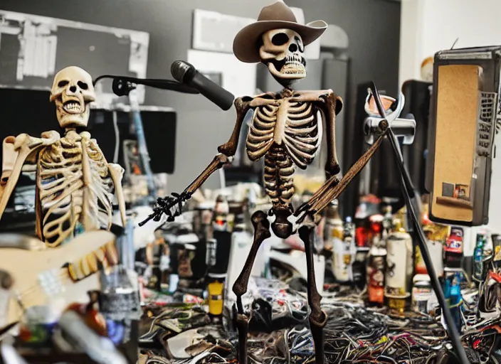 Image similar to an angry skeleton with cowboy attire shouting into a microphone in a rundown radio station studio filled with piles of beer cans