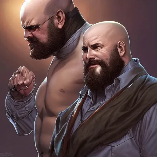 Image similar to chonky ethan van sciver with a bald head and grey trimmed beard with a pointy nose as a sea captain, beautiful artwork by artgerm and rutkowski, breathtaking, beautifully lit, dramatic, full view