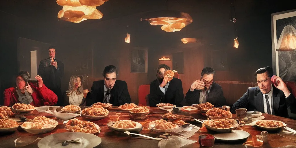 Prompt: Twin peaks but Dale Cooper is eating a pile of meatballs in the black lodge with laura palmer, Greg Rutkowski, Darek Zabrocki, Karlkka, Jayison Devadas, Phuoc Quan, trending on Artstation, 8K, ultra wide angle, pincushion lens effect.