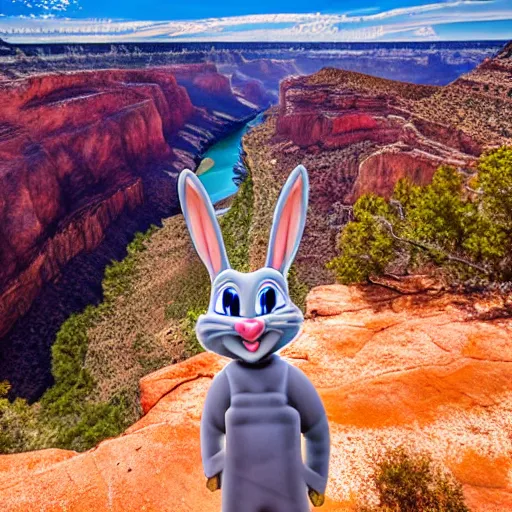 Image similar to Photo of a 3D Bugs Bunny in front of the Grand Canyon, sweating profusely, photography, HDR