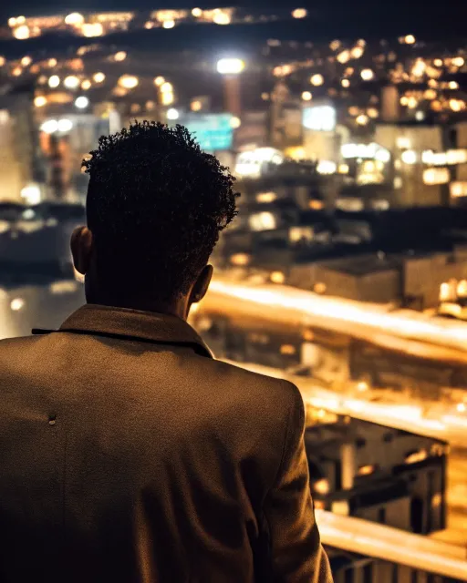 Image similar to extremely detailed night rooftop scene, close up shot of a gangster wearing a trench coat looking at the city below, 35mm, 8k, fujifilm, cinematic composition