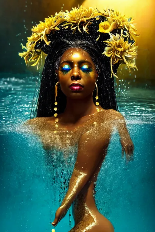 Image similar to hyperrealistic magic realism cinematic very beautiful! black oshun goddess with white! iris, in water, yoruba body paint, mirror dripping droplet!, gold flowers, highly detailed face, digital art masterpiece, smooth robert steven connett eric zener dramatic teal light, ground angle uhd 8 k, sharp focus