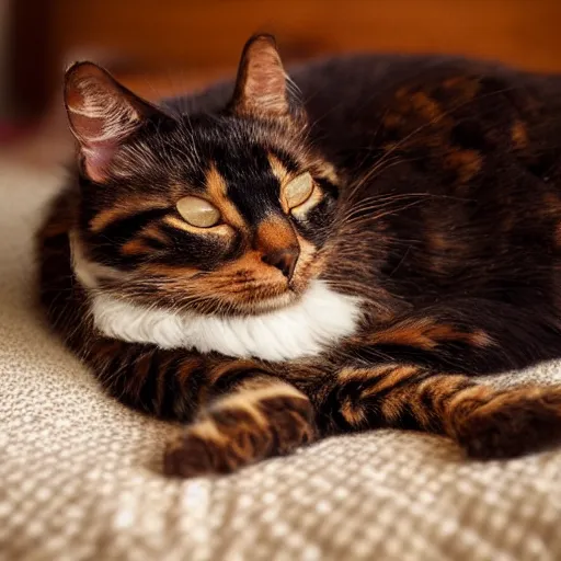 Image similar to sunbeam across a tortoiseshell cat napping on a bed, beautiful photo, natural light