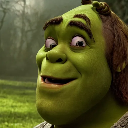 Prompt: Film still of Shrek from a horror movie