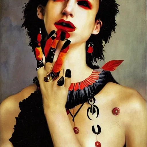 Image similar to Punk girl by Mario Testino, oil painting by Caravaggio, masterpiece